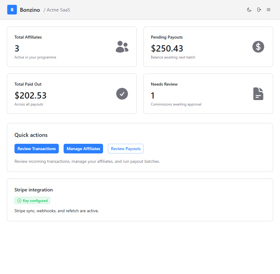 Bonzino merchant dashboard showing real-time affiliate stats, pending payouts, and conversion metrics