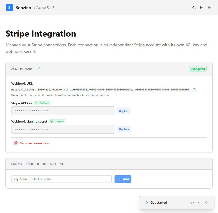 Bonzino integration settings showing multiple connected Stripe accounts with status indicators